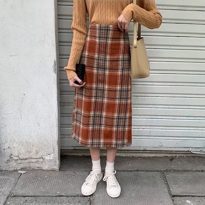 

Клетчатые юбки женские в японском стиле с разрезом сзади до середины икры винтажные консервативные темпераментные Faldas Empire осенние теплые шикарные новые поступления трапециевидной формы