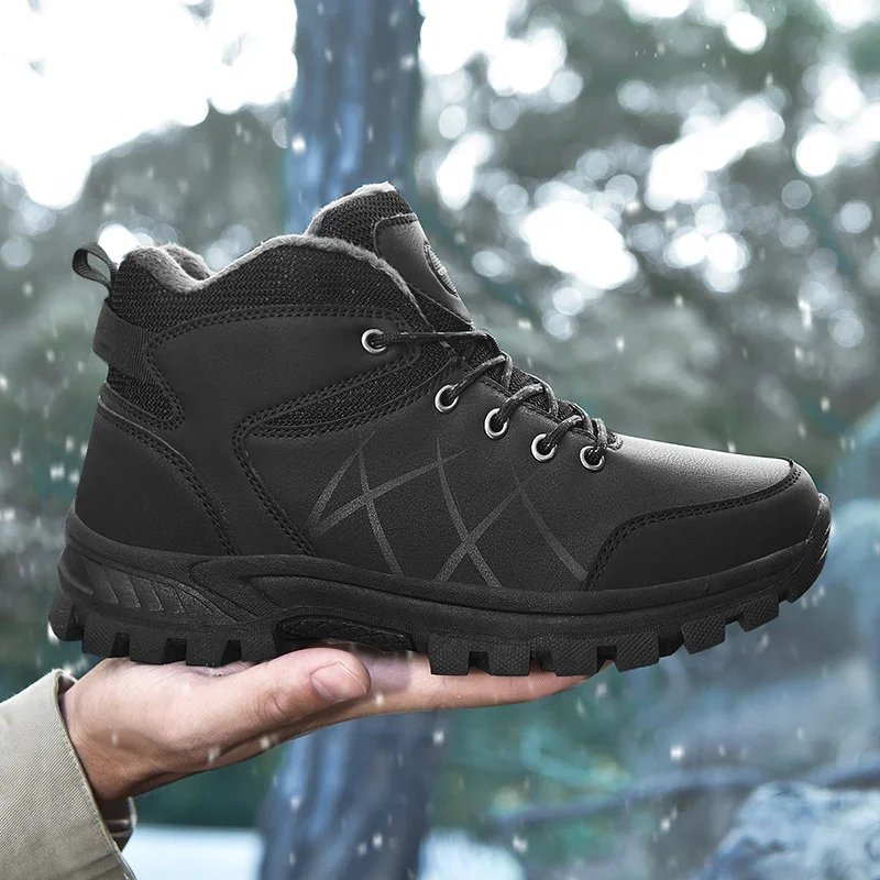 

Winter Hiking Shoes Mid-top Men Boots Outdoor Warm Fleece Cotton Shoes Men Anti-slip Ankle Boots Lace-up Casual Sports Shoes Men
