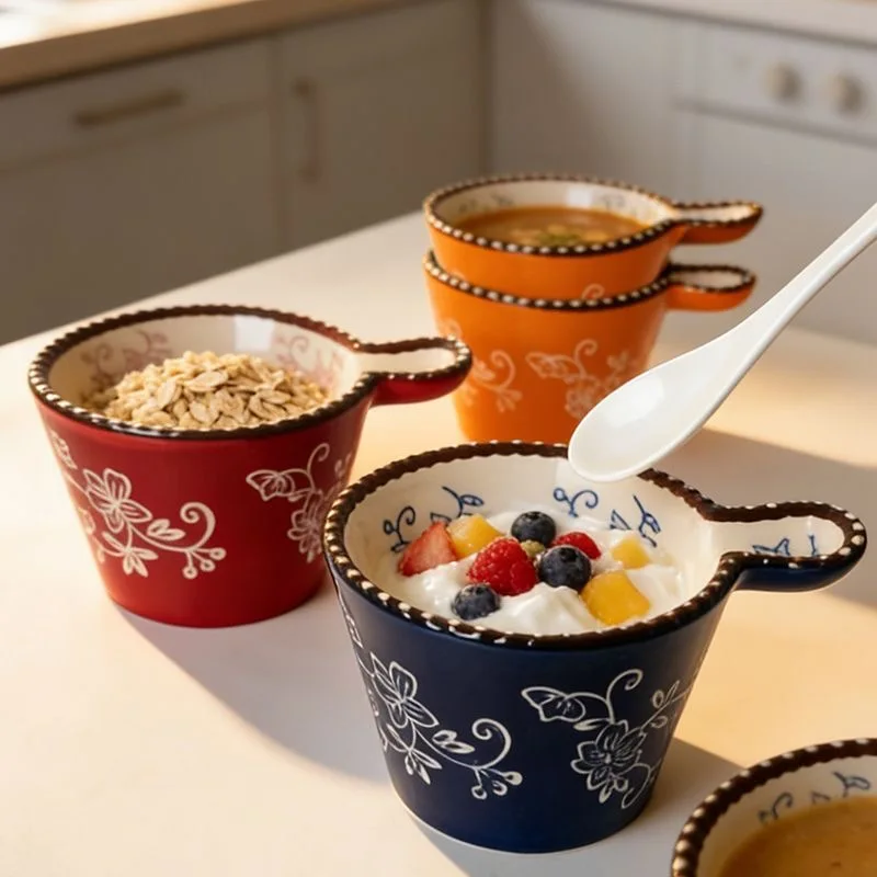 Creative Ceramic Beaded Pattern Handle Sauce Bowl Anti Scalding Bubble Noodle Bowl Baking Dim Sum Tableware Kitchen Supplies