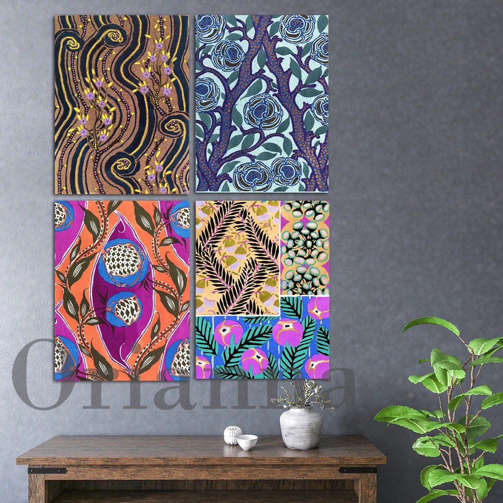 Vibrant Teal Blue Purple Orange Maroon Lilac Abstract Flowers Plant Gypsy Funky Retro Wall Art Prints Poster Decor Painting