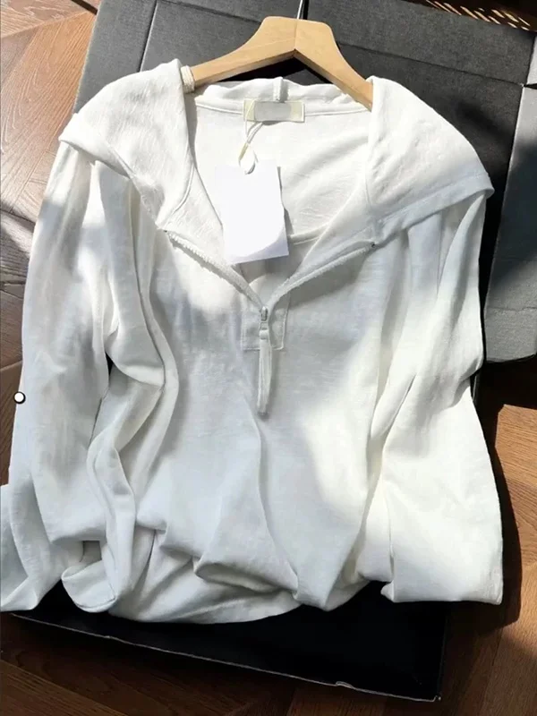 

Korean Style White Long Sleeve Hooded Sun Protection Clothes Women's Summer Thin Fake Two-Piece Design Cover up Top