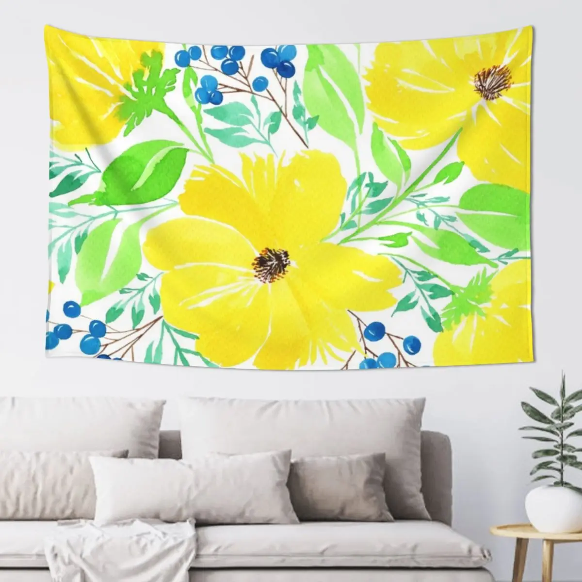 

Yellow Flowers and Blue Berries Tapestry Room Design Home Decoration Accessories Wall Mural Tapestry