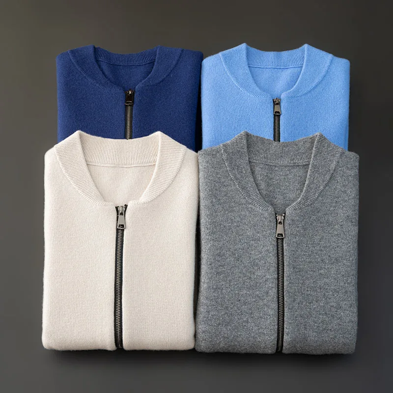 Double-Layer Thickened 100% Cashmere Cardigan New Autumn And Winter Men'S Baseball Collar Casual Jacket Knitted Zip-Up Sweater