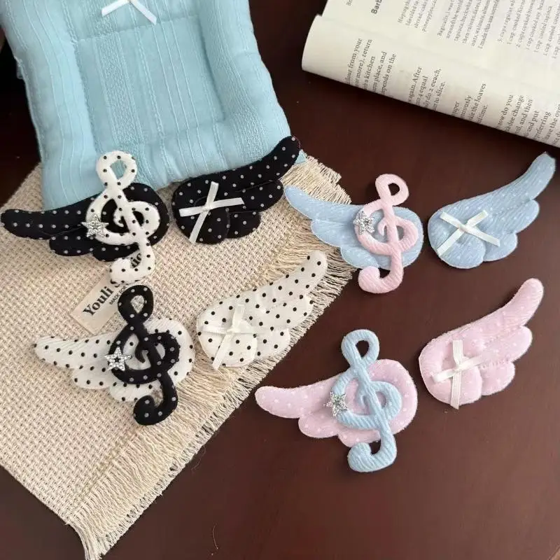 New1Pair Cute Wing Polka Dot White Black Angels Hair Clips For Girls Sweet Korean Subculture Headwear Gift