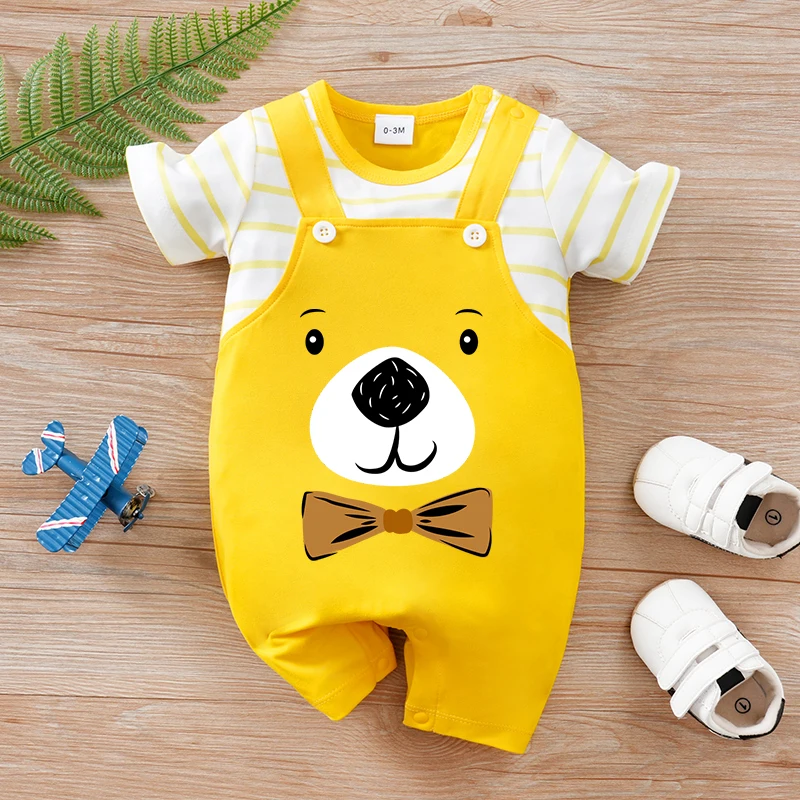 Newborn Baby Boys Summer 2-in-1 Fake Suspender Gentle Bear Printed Casual Jumpsuit for 0-18M