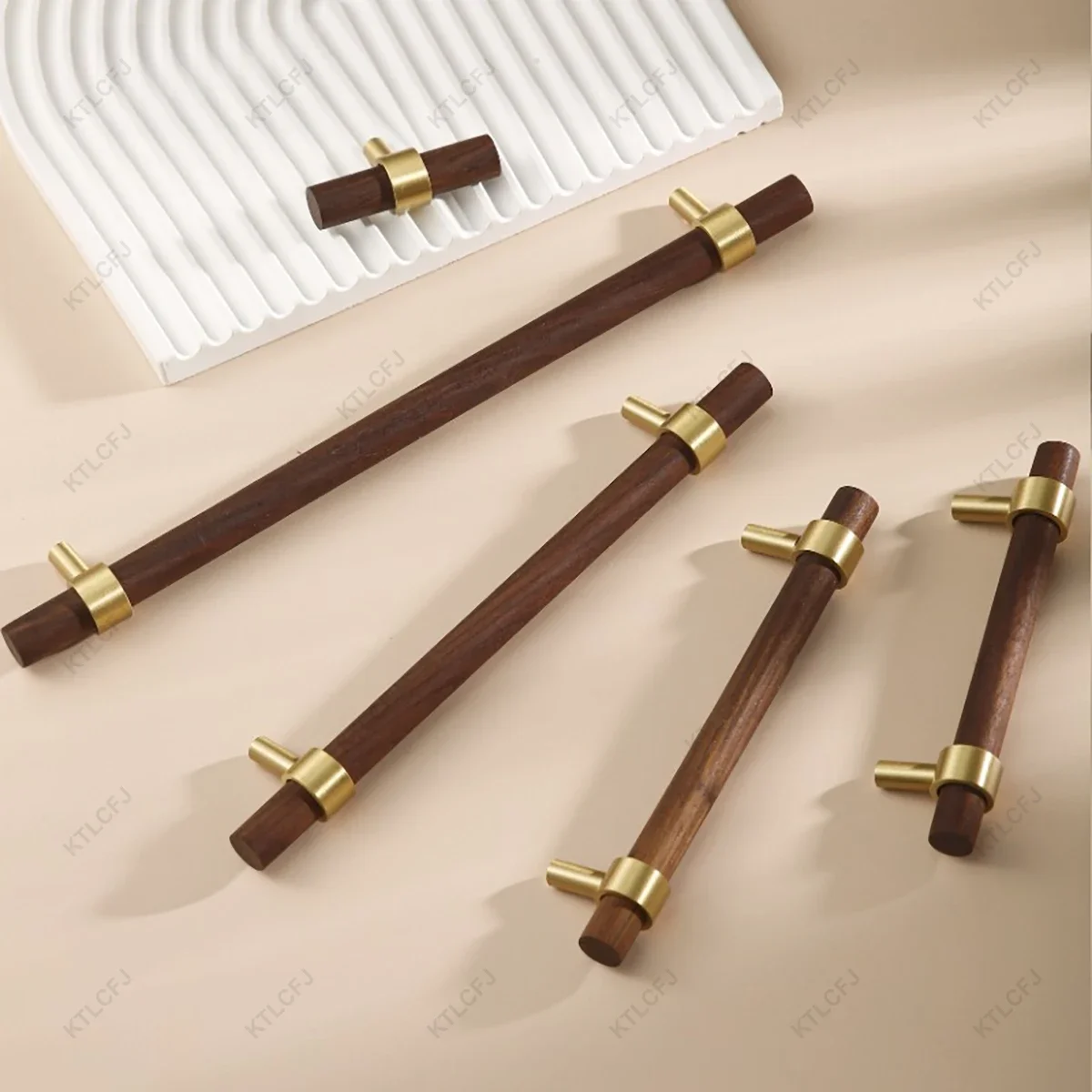 1Pcs Nordic Black Walnut Solid Wood Color Brass Handle Drawer Wardrobe Door Handle Long Wooden Handle