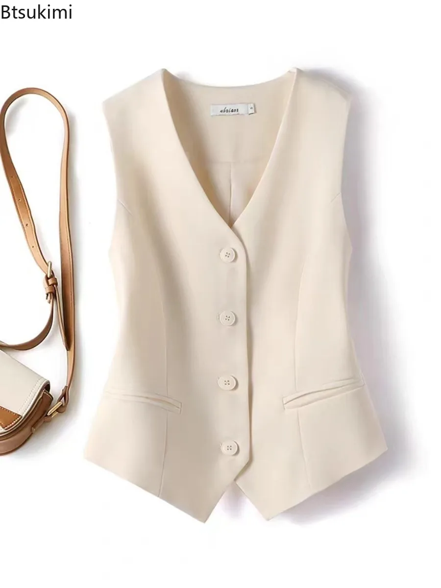 Women Solid Color Suit Vest New Spring Autumn Slim Fit Pocket V-neck Short Vest Single Breasted Short Sleeveless Top for Ladies