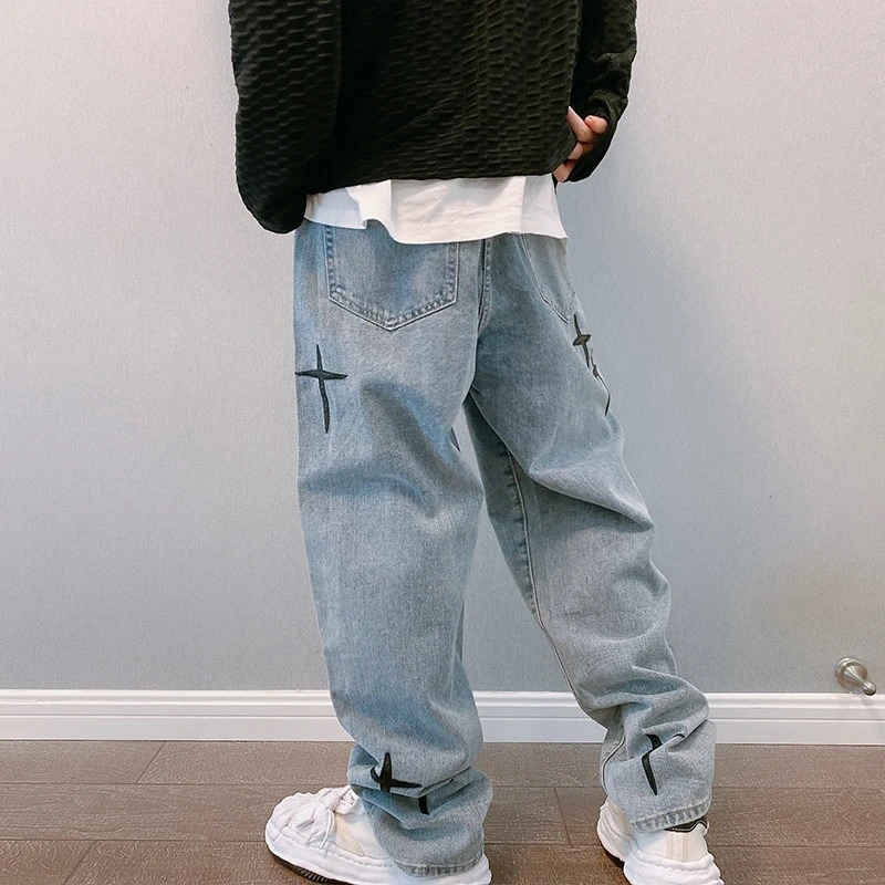 Autumn  High Street Wide Leg Cross  Embroidery Loose Straight Wide Lift Cow Ins  Brand Long Pants Jeans Men