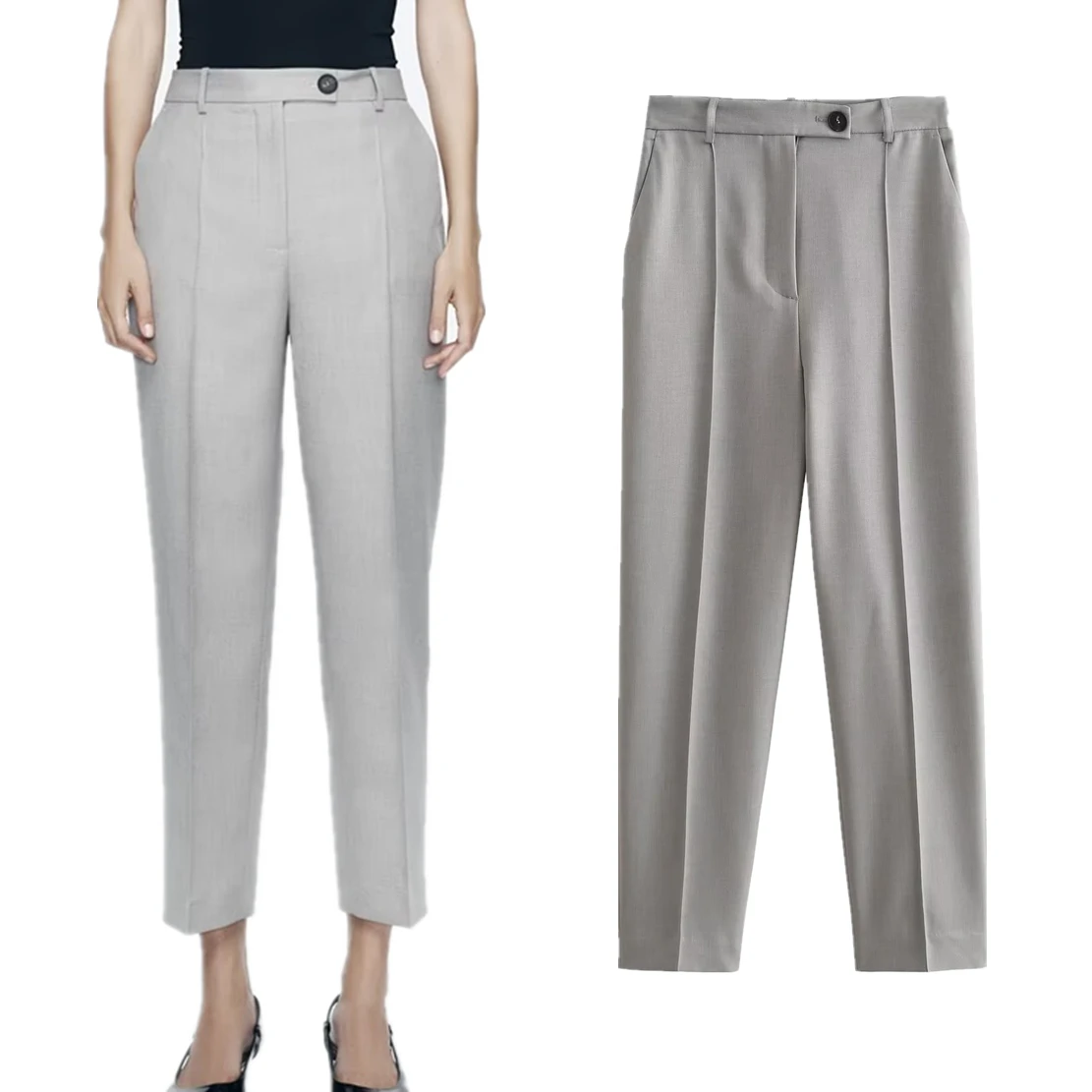 

Dave&Di French Office Ladies Casual Commuter Suit High Waist Pants Straight Barrel Grey Cropped Pants Women