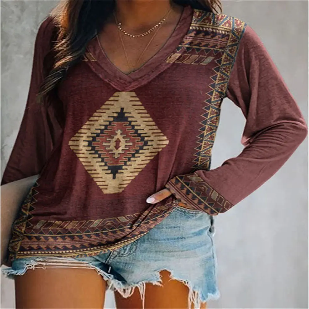 T Shirt Women Selling Geomertric National Wind New Positioning Printed Hot Style Long Sleeve T-shirt Tshirt Clothing YRW2248