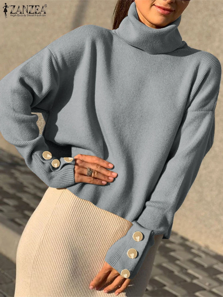 ZANZEA Women Solid Thin Sweater Fashion High Collar Knitted Tops 2024 Autumn Long Sleeve Pullovers Vintage Buttons Basic Sweater