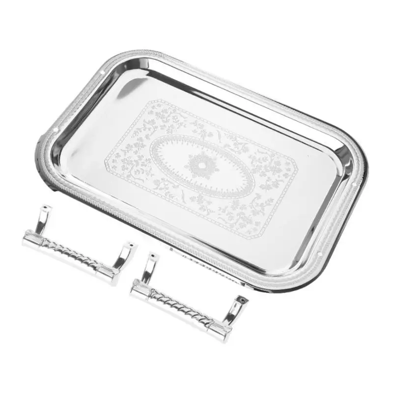 

E8BD European Nordic Stainless Steel Serving Tray with Handles Elegant Rectangular Coffee Bar Holder Dessert Display