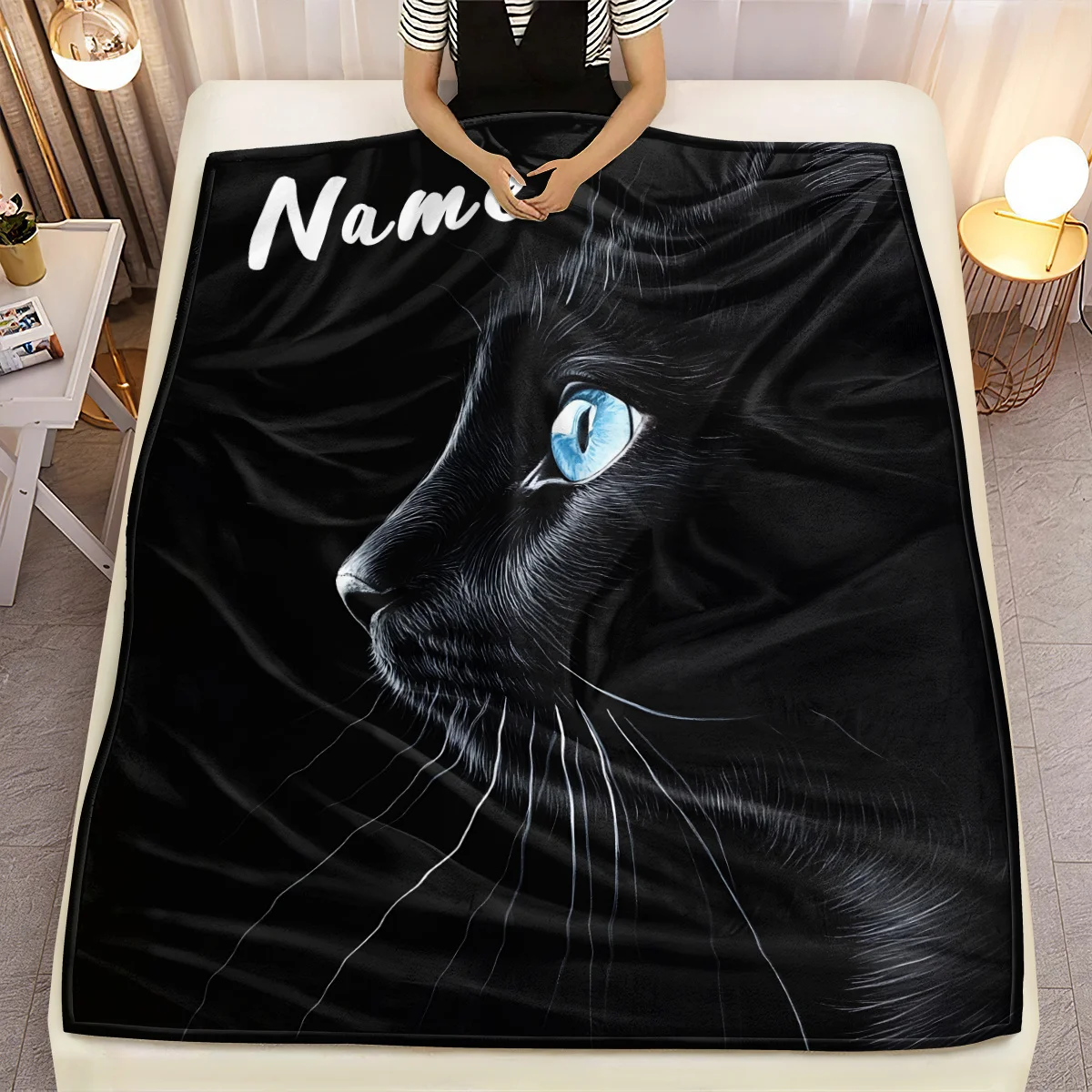 Customizable black cat flannel blanket, personalized name charm style, fantasy theme, tear resistant, all season knitted