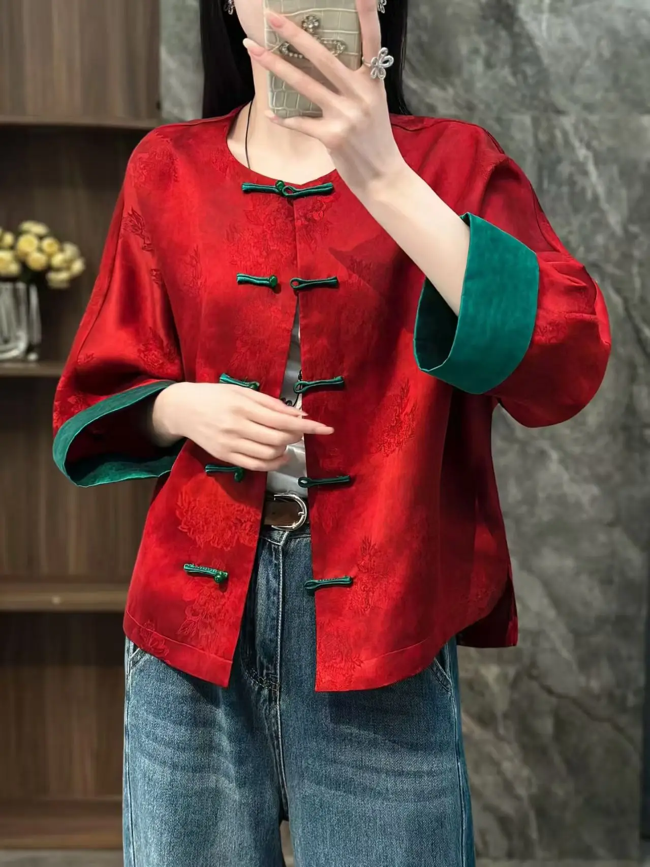 Spring and Autumn New High-End Silk Guangdong Yarn Fabric +Contrast Green Cuffs Handmade Button Elegant Women's Jacket S-XL