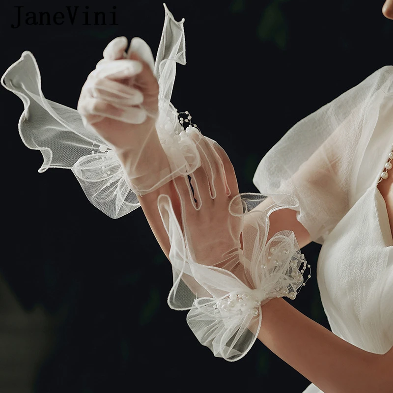 Janevini 2024ถุงมือประดับมุกแบบใหม่สำหรับเจ้าสาว, ถุงมือเจ้าสาวสีขาวผ้าตาข่ายบางถุงมือเจ้าสาวอุปกรณ์เสริมงานปาร์ตี้ mariage Femme