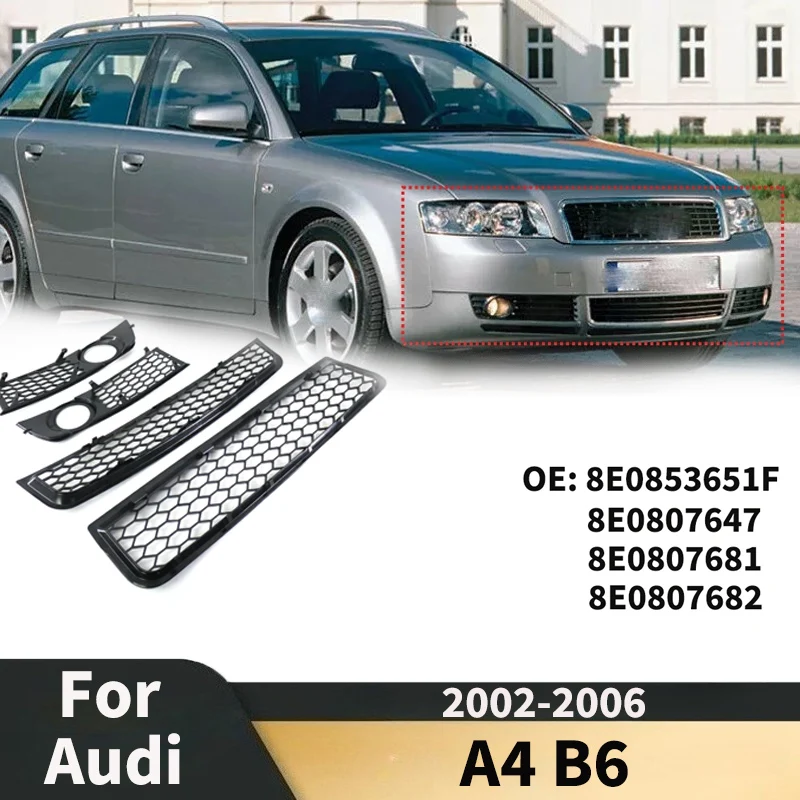 

2002-2006 for Audi A4 B6 Car Front Upper Lower Grille Honeycomb Perforated Fog Light Grills Trim Protector Cover Body kit Tuning