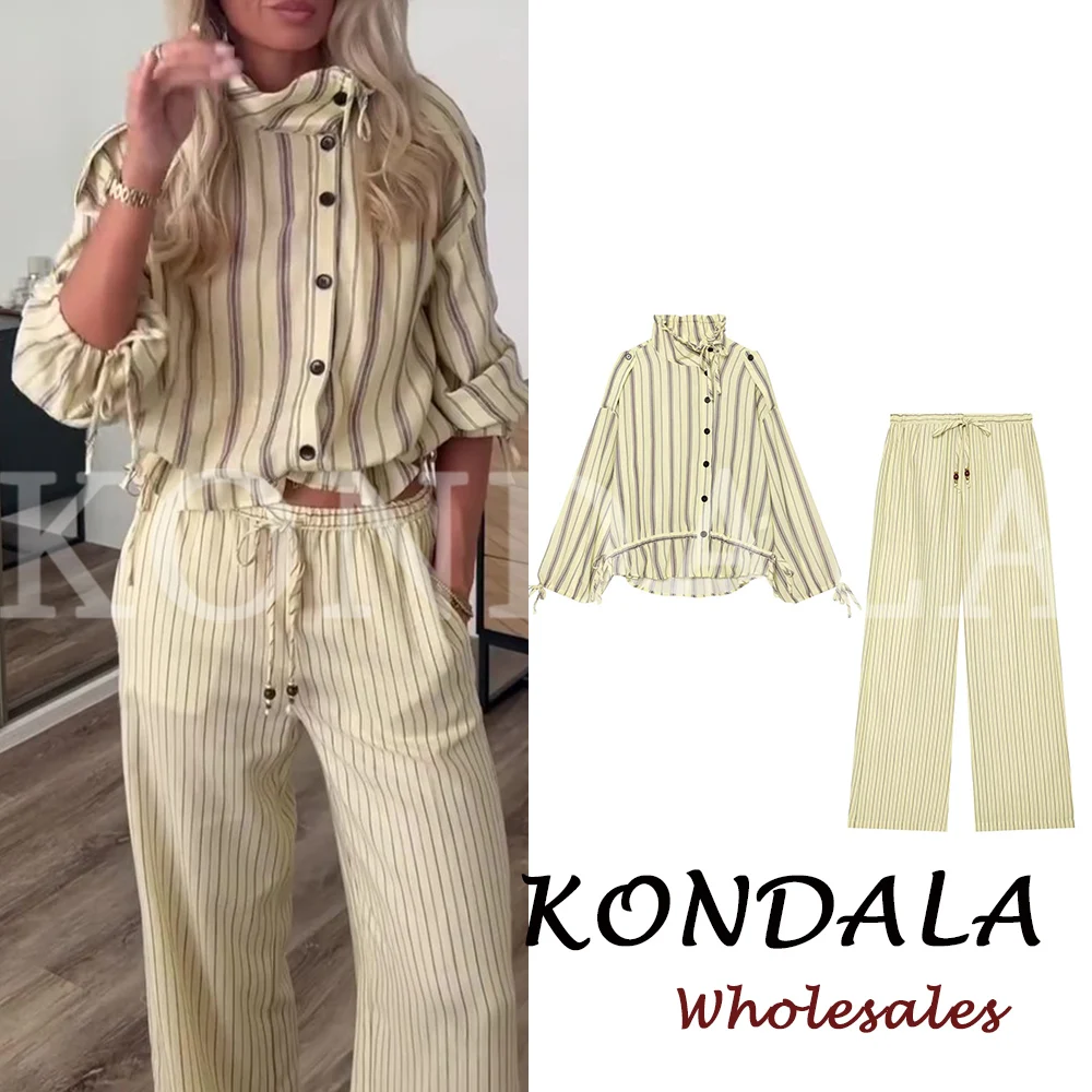 KONDALA Chic Autumn Striped Women Suit Single Breasted Pleated Loose Shirt+ Drawstring Long Pants Fashion 2026 Fall Vintage Sets