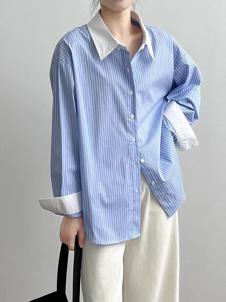 Striped Patchwork Shirt for Women Summer Loose Lapel Office Ladies Long Sleeve Blouses Korean Chic Elegant All-Match Button Tops