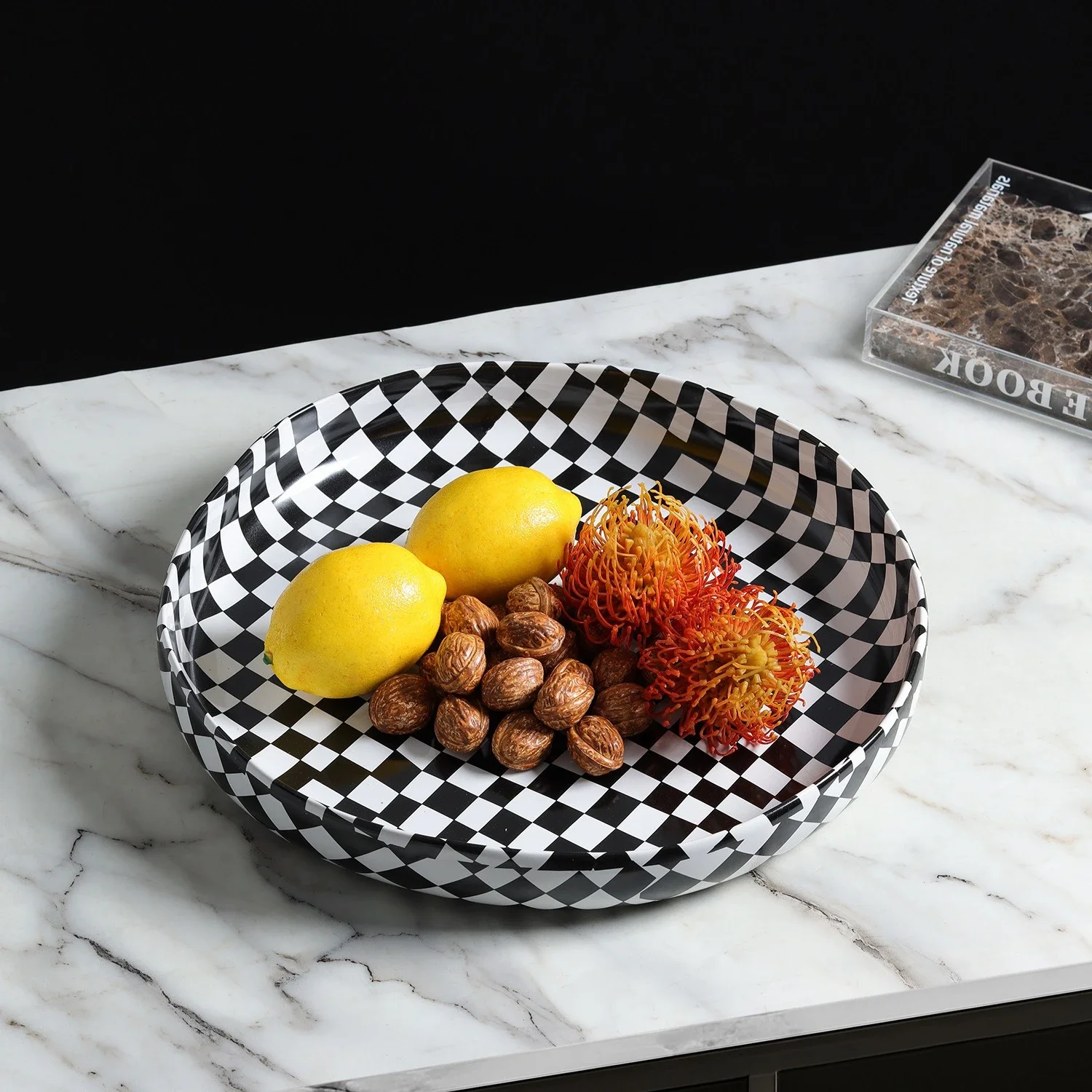 Black and White Checkered Tray Fruit Bowl Snack Plate Desktop Storage Container Geometric Grid Jewelry Dish Trinket Dish