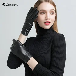 GOURS-Gants d'hiver en cuir véritable pour femme, gants noirs en peau de mouton véritable, gants à écran tactile, doublés sourire, chauds, mode, nouveauté, GSL070