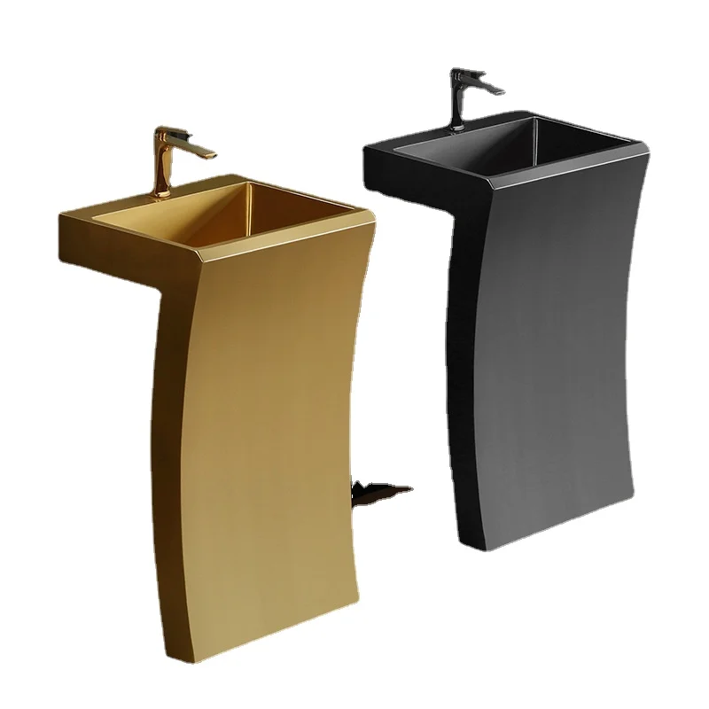 

Black Stainless Steel Wash Basin Basin Integrated Golden Column Type Washbasin Hotel Floor Type Wash Basin