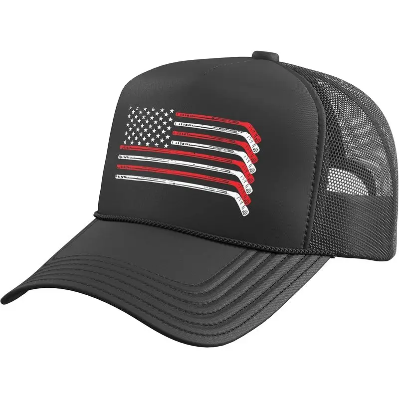 Ice Hockey Sticks US Flag Patriotic Player Men Boys Kids Trucker Hat with Adjustable Mesh Back