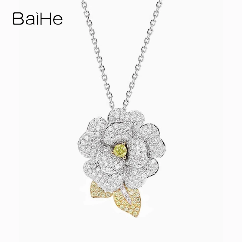 BAIHE Solid 14K White Yellow Gold Natural Diamond Flower Pendant Women Everyday Wear Trendy Fine Jewelry Making Colgante Flor