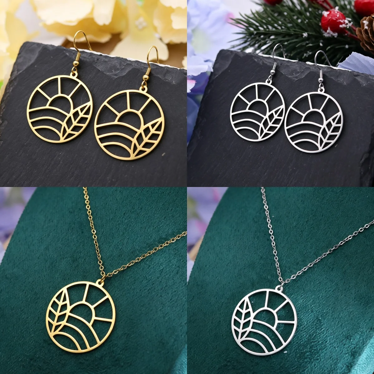 Todorova Minimal Rural Style Round Sunrise Wheat Field Pendants Stainless Steel Sun Wave Dangle Earrings Necklace For Women