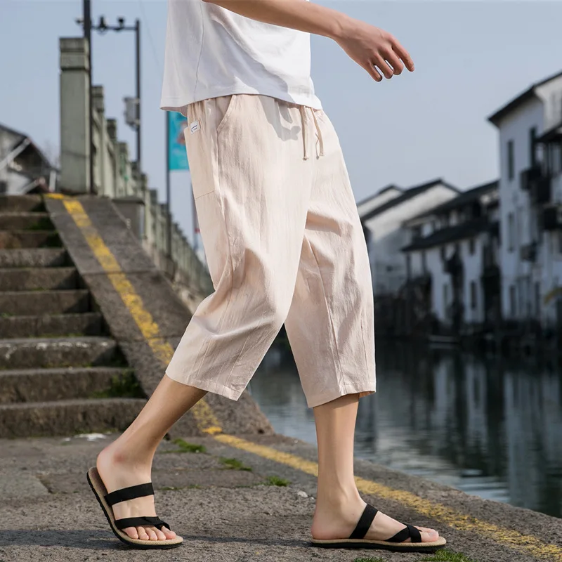 2024 Summer Men New Pure Cotton Large Size Chinese Style Loose Haren Pants Casual Elastic Waist Solid Color Comfortable Shorts