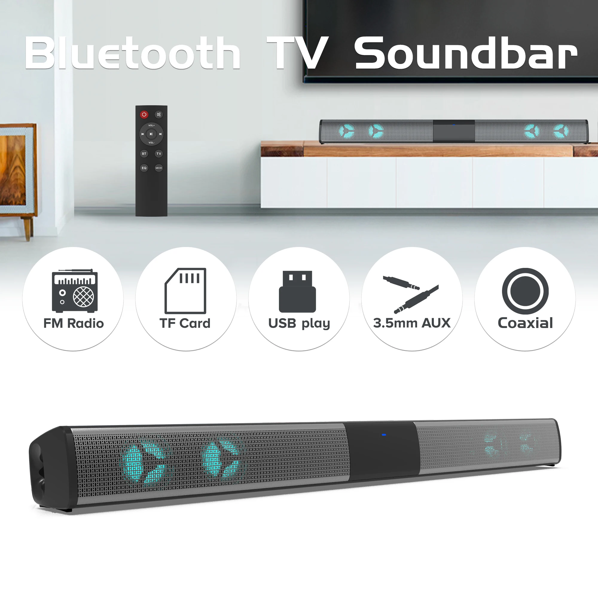 

Беспроводная звуковая панель BS-28E Bluetooth для телевизора, объемный звук для домашнего кинотеатра с RGB-подсветкой, 4 динамика, Hi-Fi басы, поддержка TF/USB/AUX/коаксиального входа