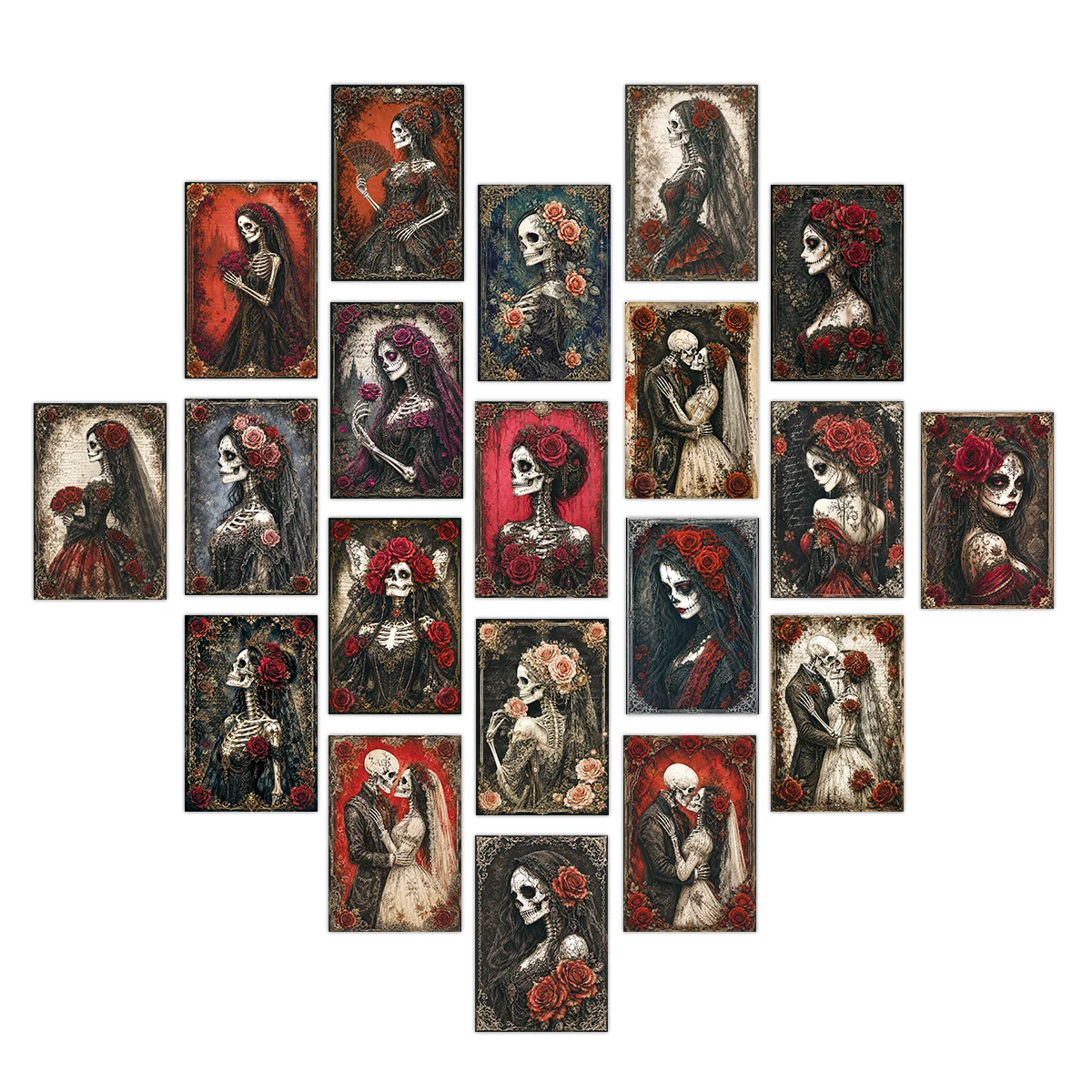 20 Stück Halloween Gothic Totenkopf- und rote Rosen-Postkarten, Retro-Dunkle-Wandkunst-Karten, für Journaling, Valentinstag, Hochzeitsfeier, Geschenkanhänger