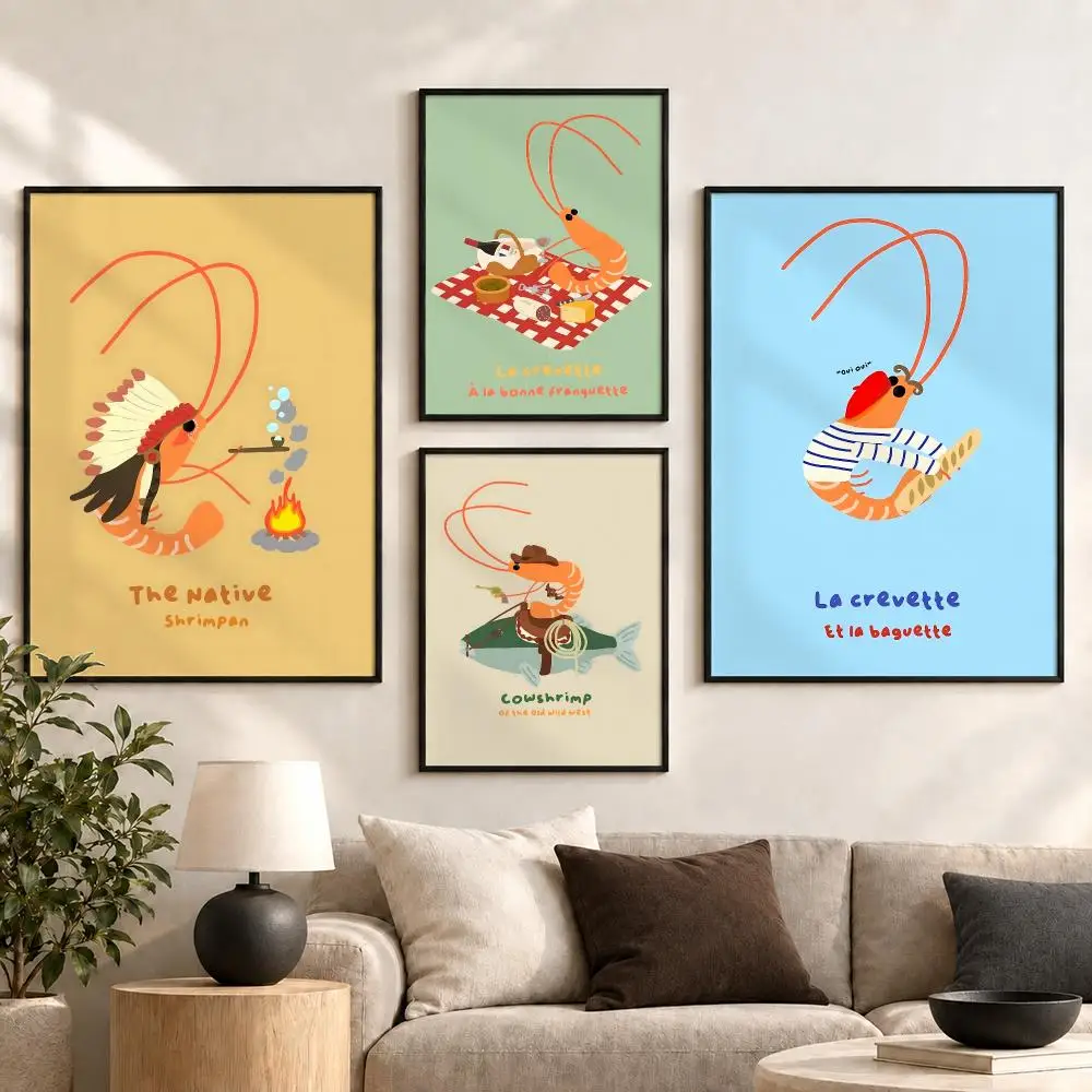 Funny Cowboy Shrimp Food Creation Retro 90s Kitchen Poster Aesthetic Art Print for Bedroom & Living Room Decor, Unframed