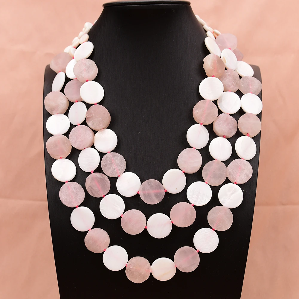 APDGG A72 Handmade 3 Rows Natural Mix Stone Rose Quartz Shell Multi Strands Necklace