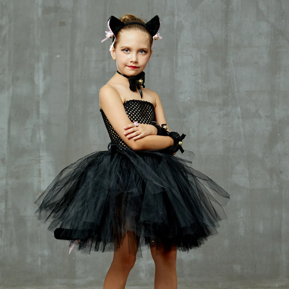 Halloween Girls Black Cat Wear Tulle Tutu Dress Set With Bell Ear Headband And Tail Mesh Dress Outfit Kids Animal Themed Apparel