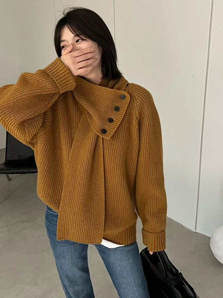 

Korean Sle Detachable Scarf Sweater Women's Autumn Winter Thiened Inner Knitted Top Lazy High-End Feeling Floral Ling