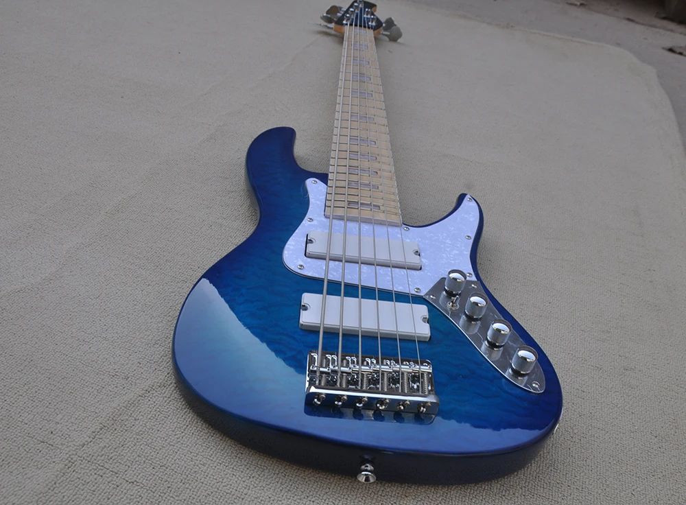 6 Strings Blue Ash Electric Bass Guitar with Maple Fretboard,Flame Maple Veneer,Customized Logo/Color Available