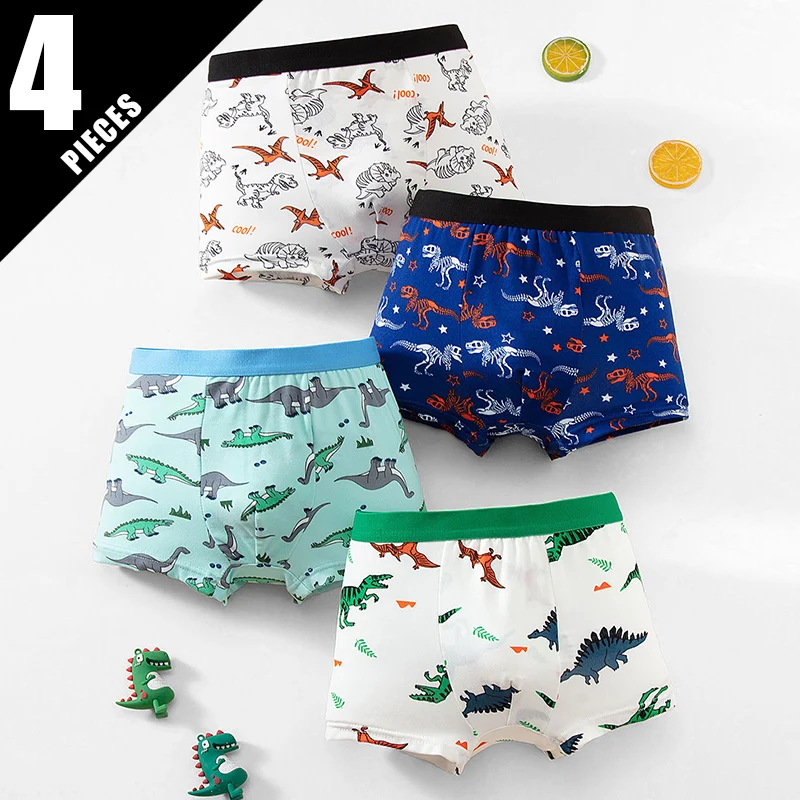 4 Pieces Boy Cute Cartoon Printed Underwear Children Loose And Comfortable Joker Dinosaur Shorts Elastic Waist Boxers Home Pants
