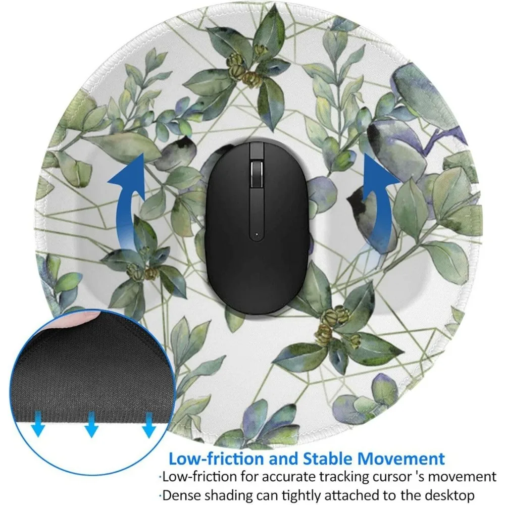 지름 8인치, 스티치 처리된 가장자리, 미끄럼 방지 고무 베이스가 있는 녹색 유칼립투스 잎 무늬 게이밍 마우스 패드