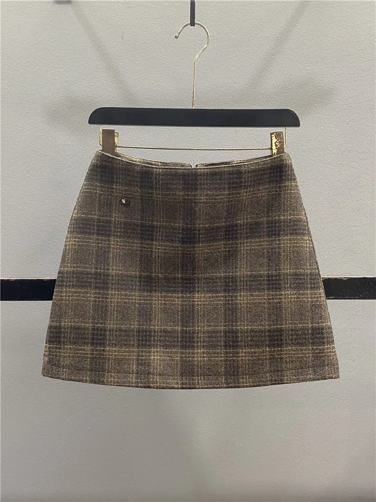 Academy Style Woolen A-Line  Skirt Women's Autumn Winter High Waist Slim Fit Short Skirt Casual Zipper Design Cotton Poly...