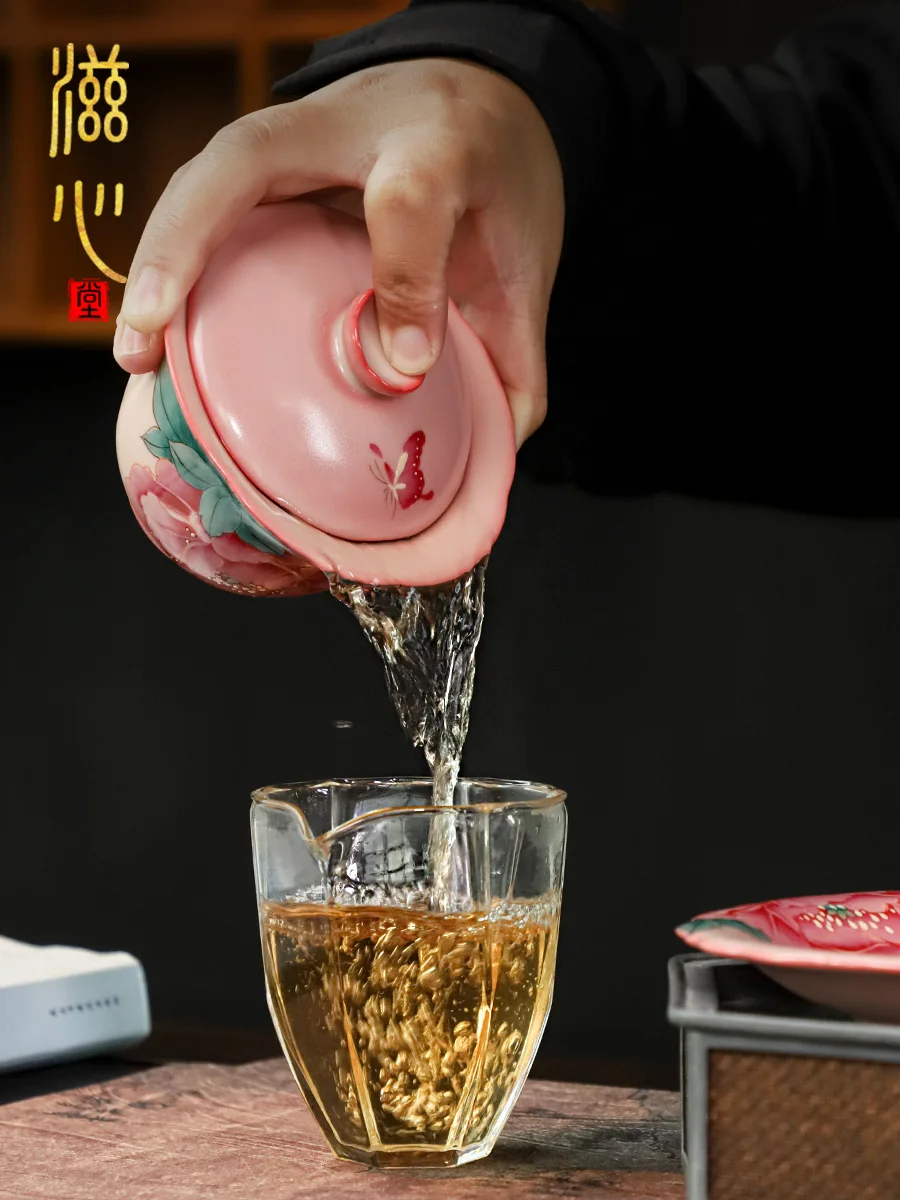 High-End Hand-Painted Peony Gaiwan Single Non-Scald Celadon Women's Cup Tea Brewing Bowl Ceramic Gift Box