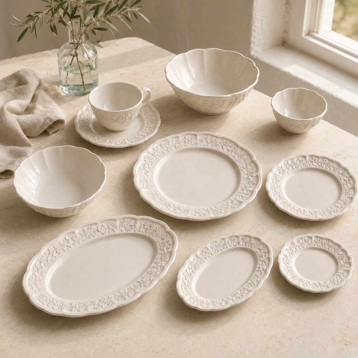 ColorValue - Juego de Vajilla de Cerámica Estilo Francés Vintage con Relieve, Platos, Tazones, Taza y Platillo, Color Blanco con Encaje Floral, para Postre, Pasta y Ensalada