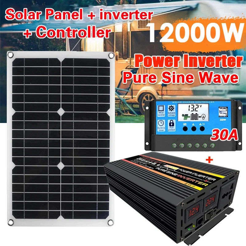 12000W Solar Panel Kit Solar Power System 12V To 110V/220V Pure Sine Wave Power Inverter Kit for RV Travel Trailer Van Camper