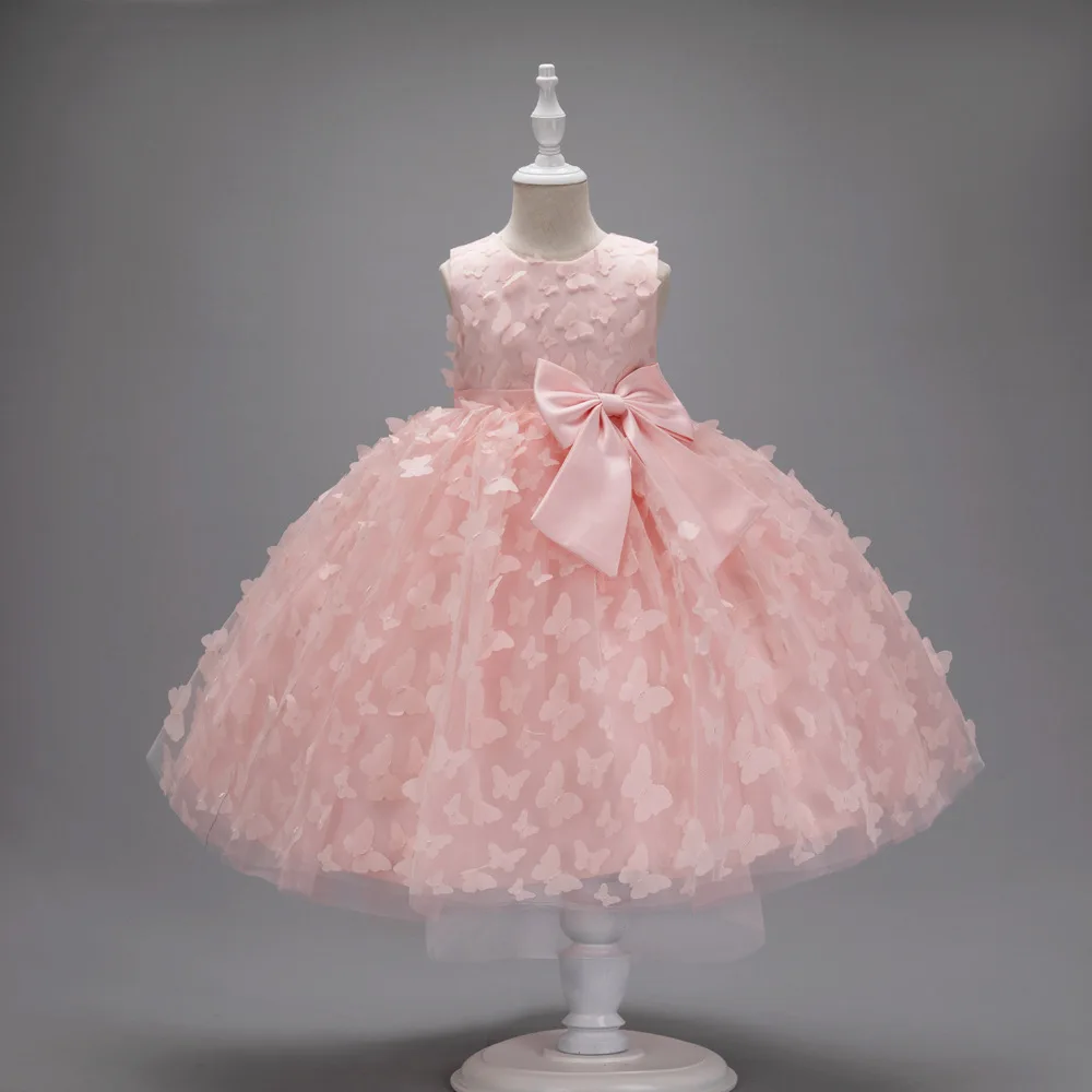 Abito da ragazza di fiori gonfi per matrimonio Tulle Applique farfalla con fiocco principessa abito senza maniche abiti da ballo per feste di compleanno per bambini