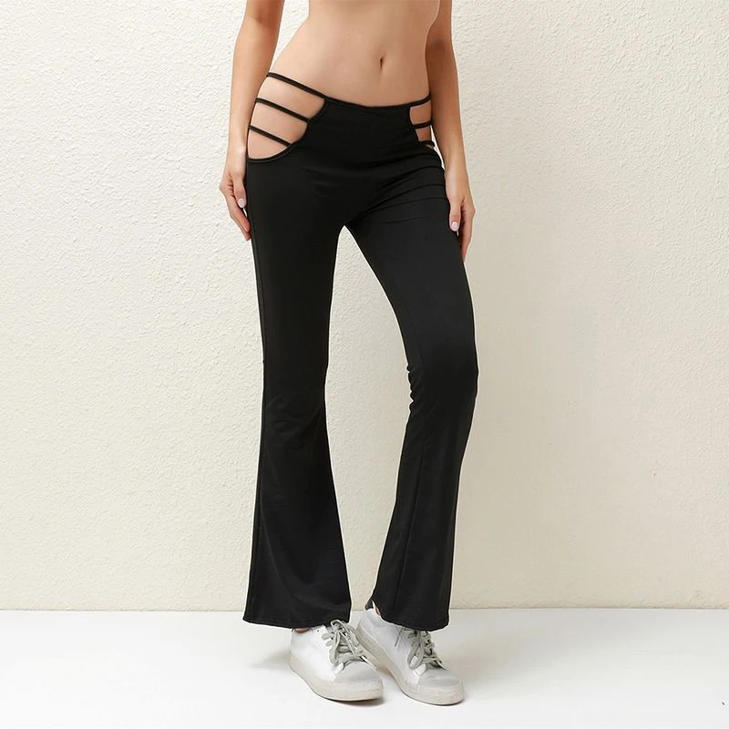 European And American Style Sexy Slim Waist Hollow Bell Pants Pure Black Slim Pants High Stretch Tight Sexy Pants For Women