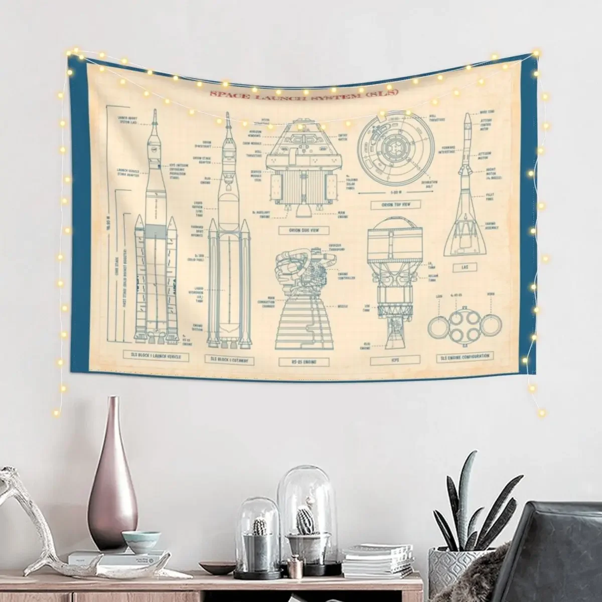 Space Launch System (SLS) - Old Paper Grid Tapestry Anime Decor Bedroom Decoration Tapestry