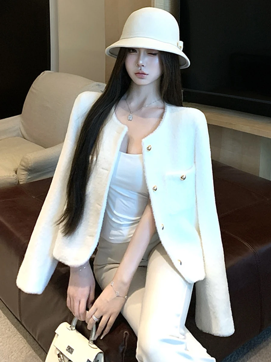 French Style Sexy Metal Single Row Woolen Coat Loose Slimming Design Straight Open Cardigan Top for Women Warm Long Sleeve