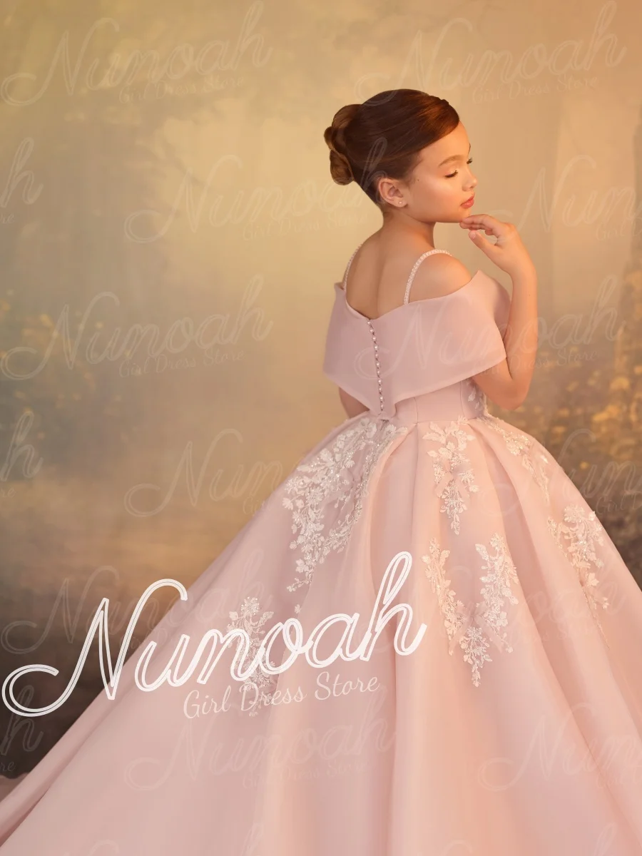 Pink Flower Girl Dress For Wedding with Trail Lace Appliques Floor Length Girl Birthday Party First Communion Gowns Customized