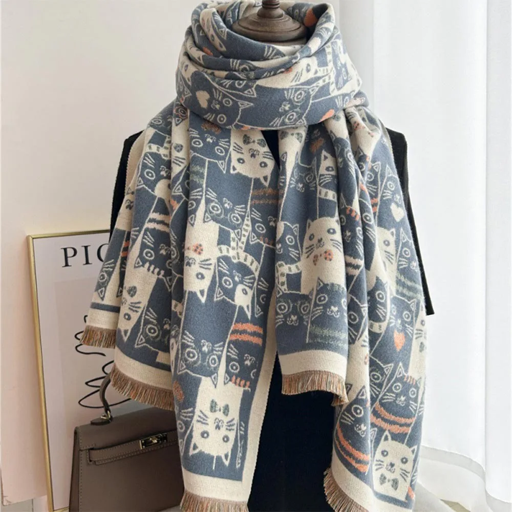 

Cartoon Cat Faux Cashmere Scarf Faux Cashmere Thickened Winter Wraps Scarf Lengthen Tassel Edge Lady Fringed Shawl Cold Weather