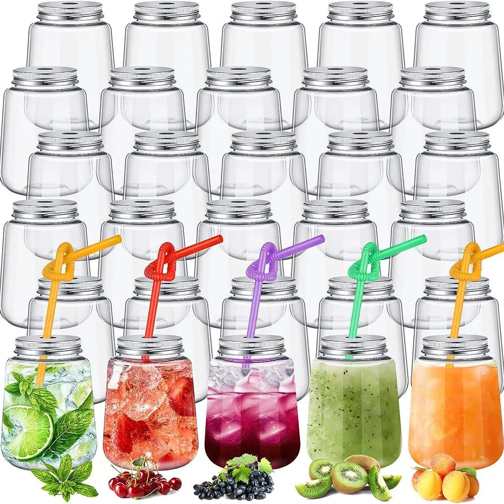 Plastic Mason Jars with Lids and Straws,Plastic Juice Bottles,Drink Containers with Aluminum Caps,Clear Beverage Container,24Pcs