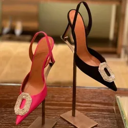 2024 Pointy Head Shallow Mouth Large Size Rhinestone Sandals Fashion Everything French Sexy High Heels Women's Shoes